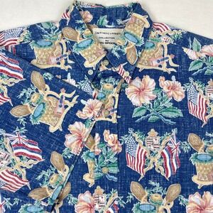 Reyn Spooner Dietrich Varez Hawaiian Shirt Mens Medium Blue Flag Hibiscus Print